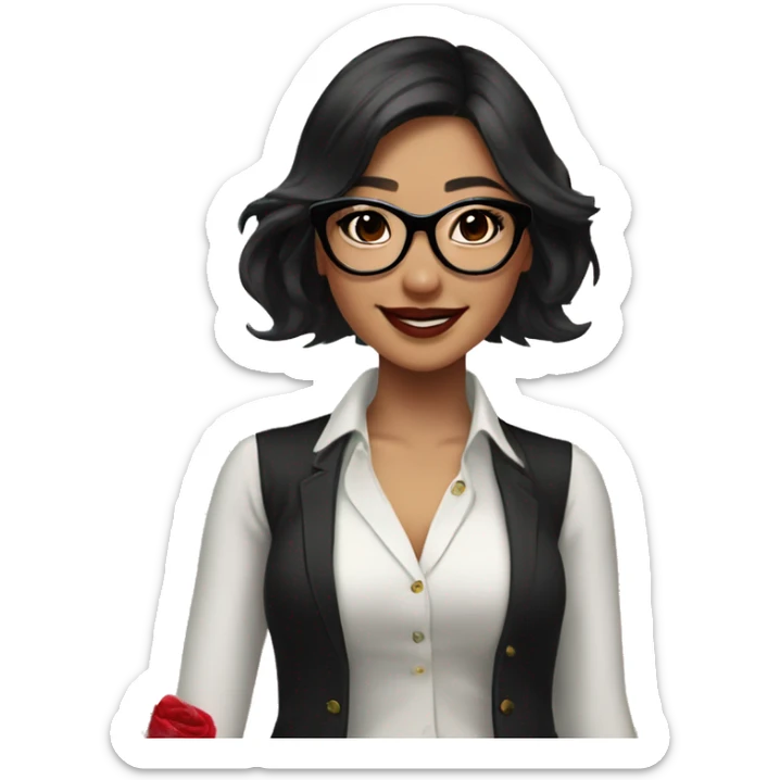 Asian girl, smiling with teeth, fair skin, black long hair, black eyes, black glasses with gold frames, red lipstick, wearing a white lace tank top and a black office jacket on top, with pink and red roses around her. sticker
