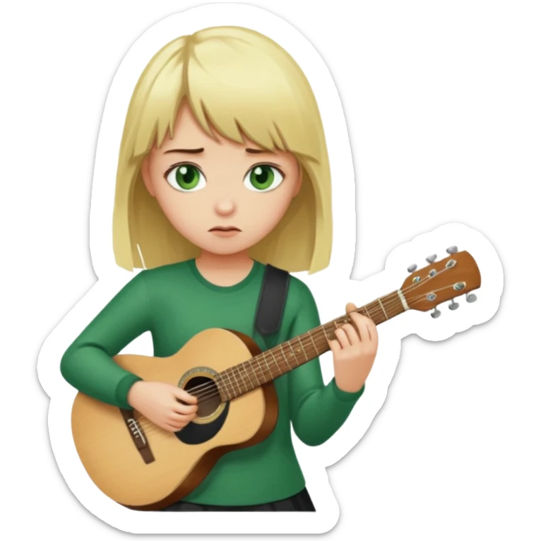 Blonde girl with green eyes and bangs blonde sad and playing guitar sticker