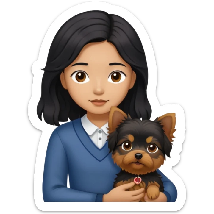 A couple holding holding a small Yorkshire Terrier together. The girl is an Asian girl with long, luscious wavy black hair (loose, no hair tie). She is standing beside a brown-skinned man with a short middle part haircut.  sticker
