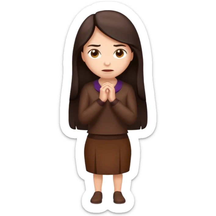 =Cartoon emoji of a woman with long, loose dark hair, wearing chocolate-colored clothes. Full-height, standing, nervous, unsure, worried expression. Slightly hunched, anxious posture. Smooth, simple, stylized sticker