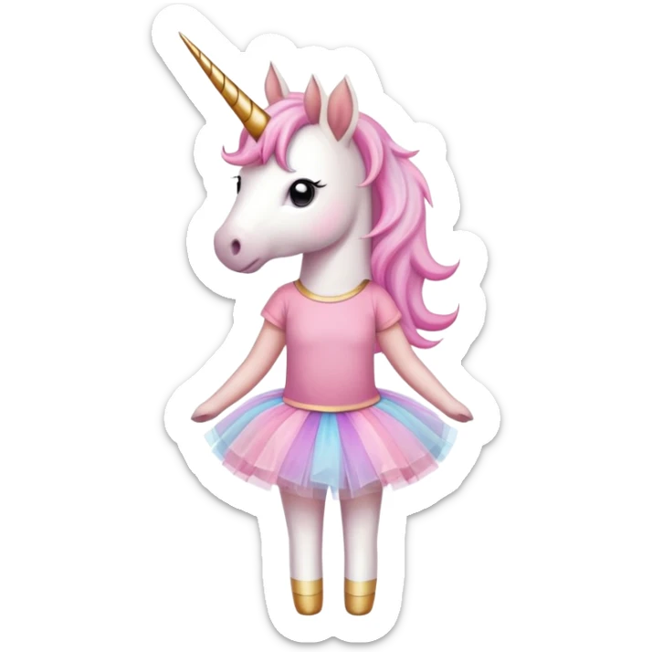 head and shoulders portrait of an anthropomorphised female unicorn in tutu and pink t-shirt, standard pose sticker