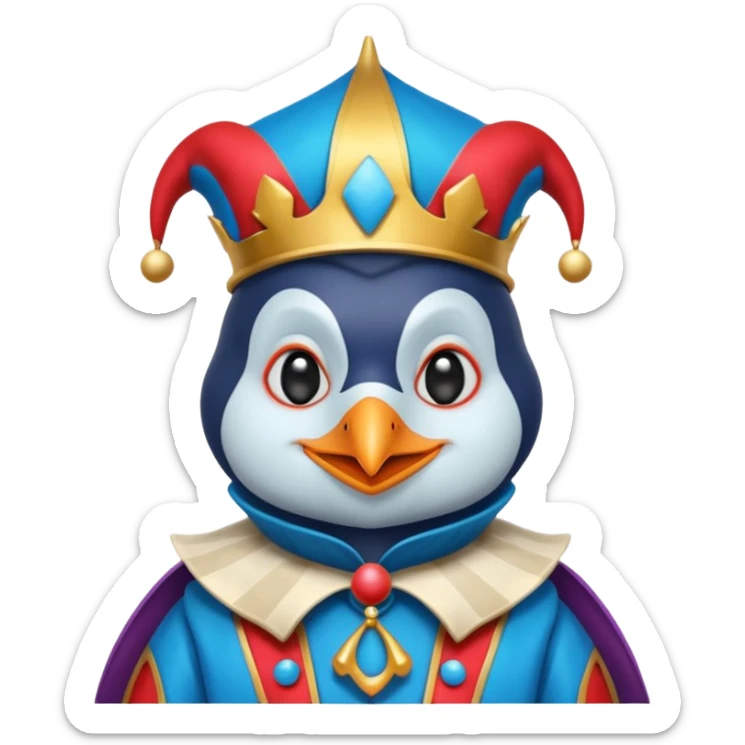 crazy colorful little penguin jolly joker, medieval, vintage, court jester, mac os icon, blue color sticker