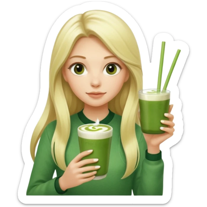 blonde luxury long hair girl with 1 cup of matcha latte and 2 straws sticker