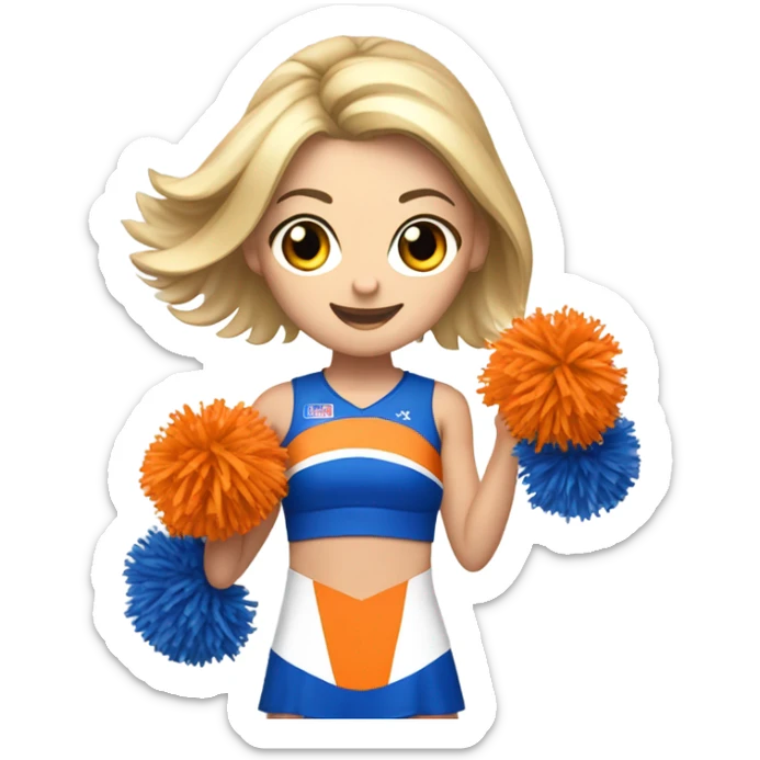 Caucasian Cheerleader with orange and blue Pom poms  in her hand and a “K1 “on Uniform sticker