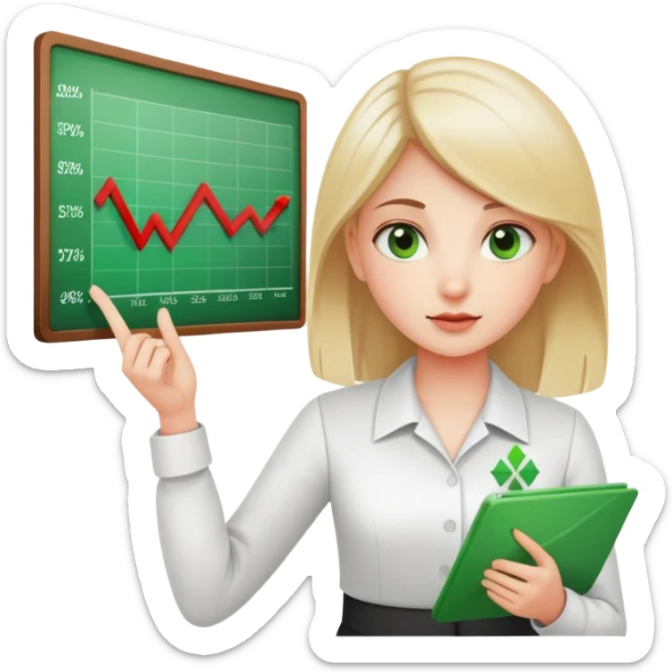 Girl showing financial reports, positive green ascending chart in one hand and negative red descending chart in other hand sticker