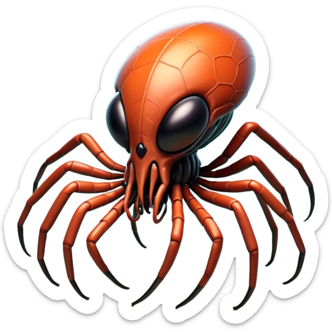 Clash of Clans aesthetic: Cinematic fierce arachnid Alien Emoji, rendered in a 3D vector-style similar to standard emojis with minimal shading and bold, simplified shapes. A compact, isometric, otherworldly creature with insectoid, organic details and subtle, eerie tentacles, softly glowing with a sinister alien charm. Simplified yet unmistakably iconic, highly detailed and consistent, glowing with a soft, spectral radiance and high shine. Stylized with a touch of bio-engineered mischief and a soft glowing outline, capturing the essence of a fearsome extraterrestrial menace with a playful twist! sticker