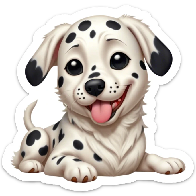 Cinematic Cute Yawning Spotted Dalmatian Portrait Emoji, Head tilted slightly with a dramatic, wide-open yawn, showcasing a smooth Fur of predominantly white with bold black patches, floppy ears slightly drooping, round eyes barely open in drowsy contentment, Simplified yet irresistibly adorable features, highly detailed, glowing with a soft, cozy glow, high shine, relaxed yet expressive, stylized with a touch of whimsy, bright and endearing, soft glowing outline, capturing the essence of a sleepy yet affectionate guardian, so drowsy it feels like it could stretch out of the screen and curl up for a nap! sticker