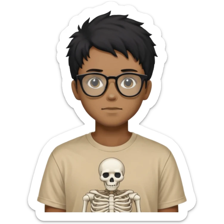 black anime hair guy with skeleton makeup wearing a stussy tshirt with glasses sticker