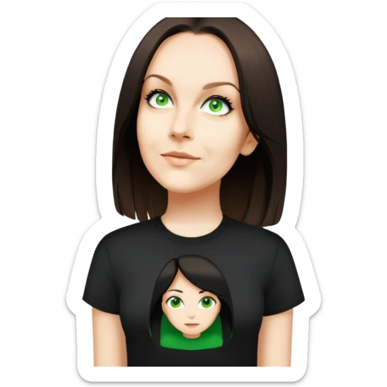 female, black tshirt, black hair sticker