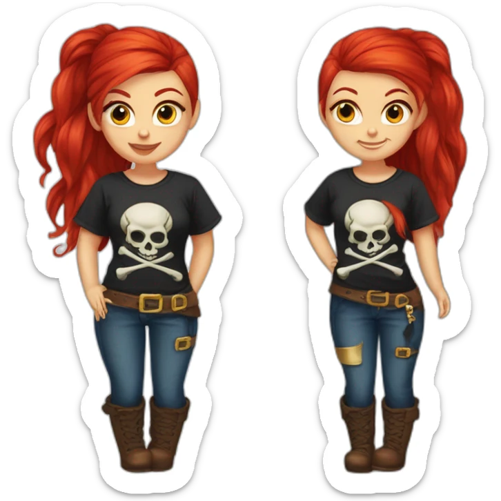 Woman long red hair on one side, tattoo on side of head. other side of head is shaved.  pirate hat. skull and crossbones t shirt sticker