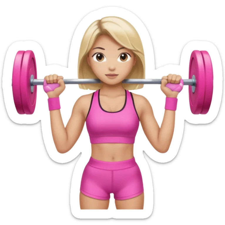 An Asian lady with gray eyes, balayage hair, blonde highlights, in a pink gym outfit, holding a pink barbell  sticker