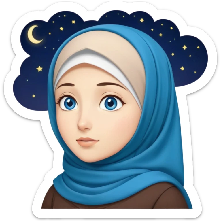 Turkish beautiful finish Konya girl blue eyes with moon night hijab dress and watching the sky on the ground  sticker
