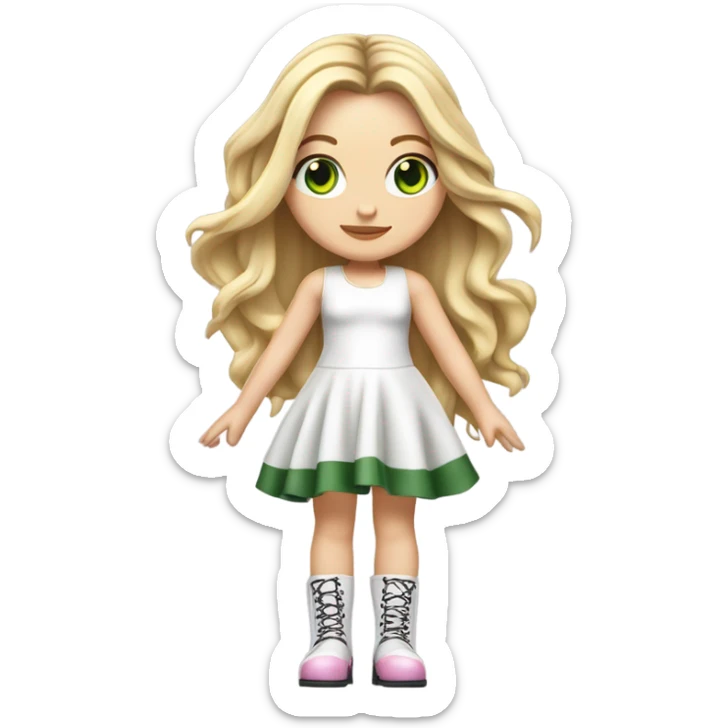 Realistic White girl with Long straight blonde hair, green eyes, tattoos, full body wearing white dress and pink knee-high leather boots, doing cute pose sticker
