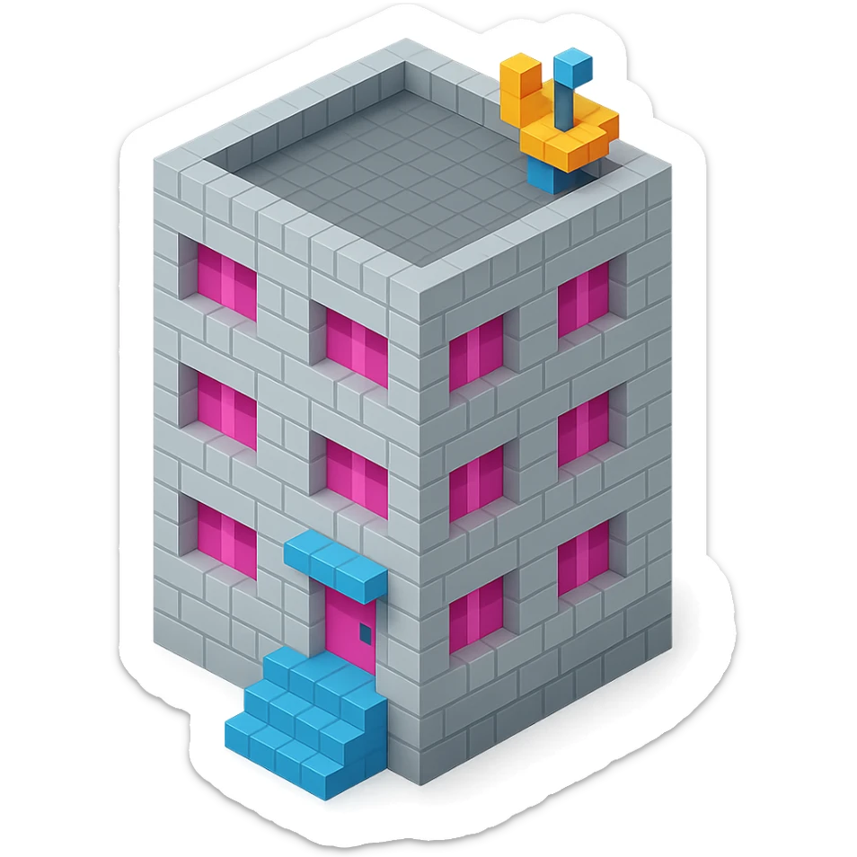 Russian panel apartment building, compact square block, light gray, pink windows, entrance with steps, satellite dish on rooftop, isometric view sticker