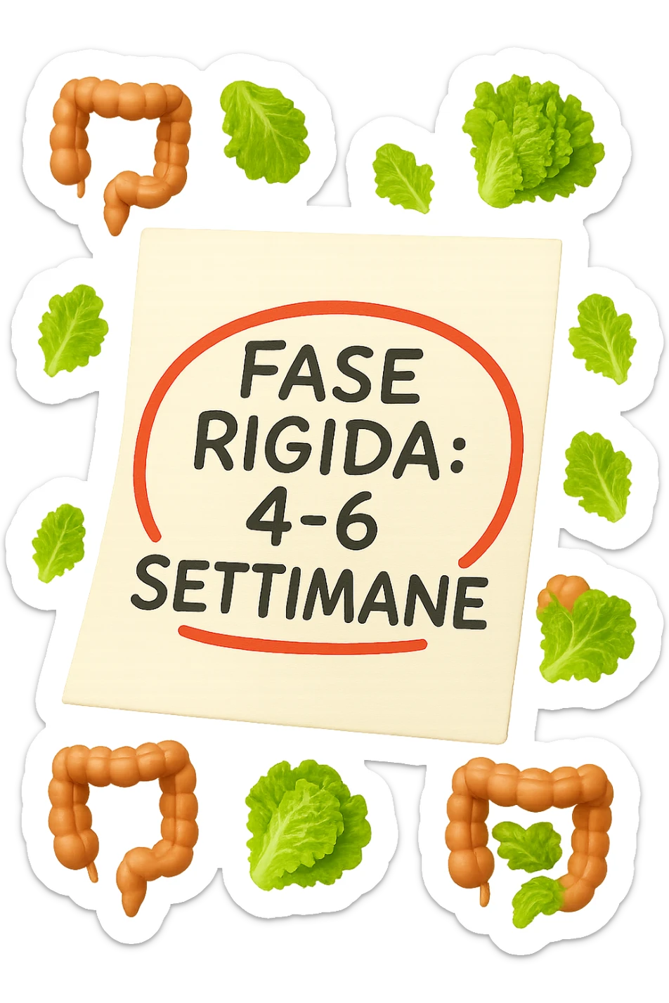 EMOJI STILE IPHONE DI UN foglio di carta fluttua in aria con la scritta "FASE RIGIDA: 4-6 SETTIMANE" CERCHIATA A PENNA IN ROSSO, ATTORNO AL FOGLIO FLUTTUANO PICCOLI TRATTI DI COLON UMANO IN STILE EMOJI E FOGLIE DI INSALATA, REALISTICA 4K sticker