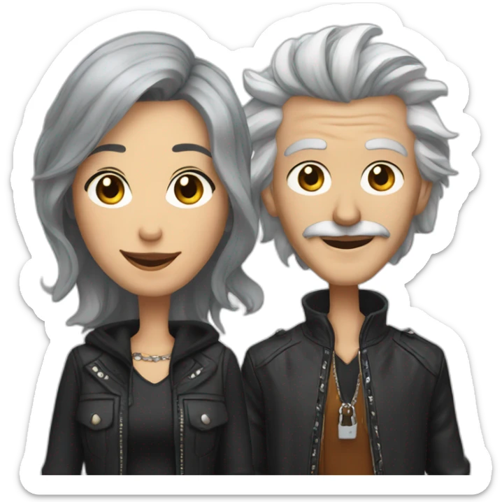 grey-haired fashionable woman, next to male punk with long brown hair and a mustache and a lip ring, smiling sticker