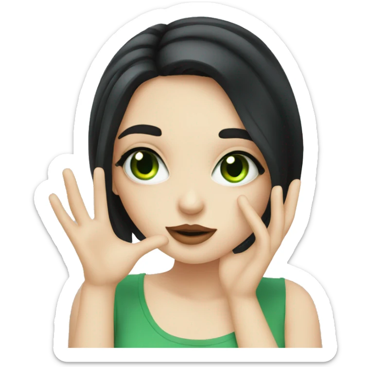 Green eyes girl with pale skin, black hair, blowing a kiss sticker
