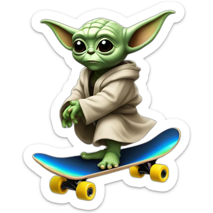 bebe yoda arc-en-ciel qui fait du skate en nageant dans une mer noir sticker