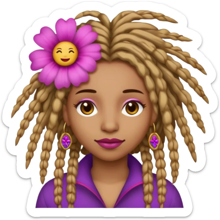 Gold dread locs pink emoji face purple flower in the hair red lipstick light brown face  just the face  sticker