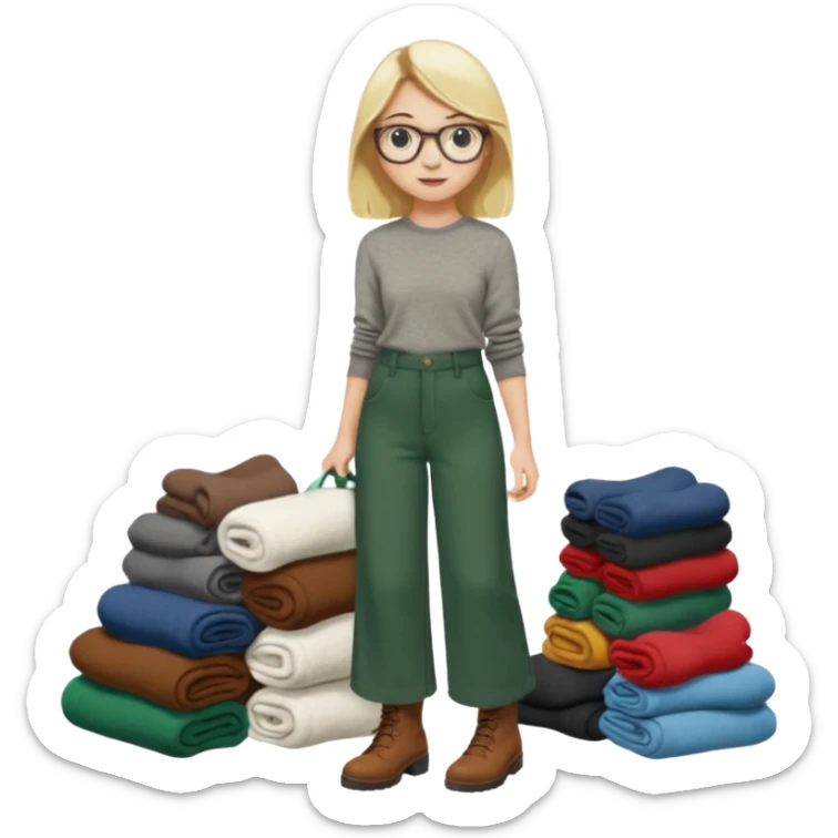 Fille blonde, pantalon ample vert foncé. Lunettes ronde fine. Bottines marrons. Elle pousse une cargaison de chaussettes  sticker