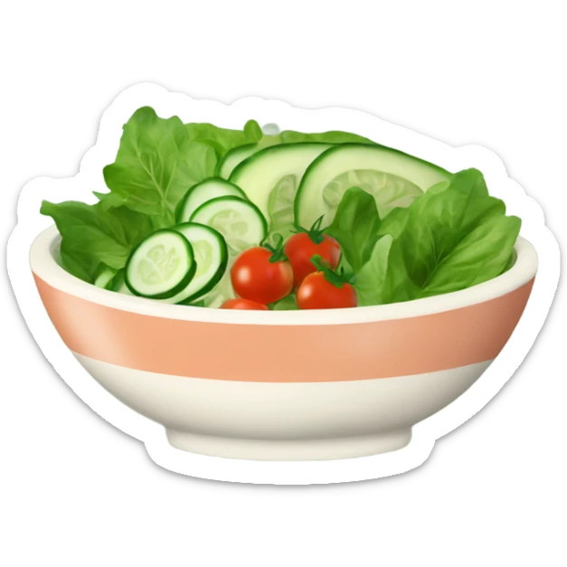 vintage bowl filled with green salad containing cherry tomatoes,cucumber and basil leaves and a salmon steak sticker