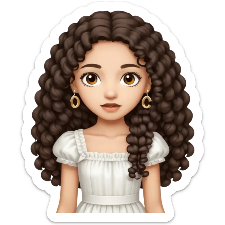 Light skin girl with dark brown very long curly hair, dark brown eyes, white Chanel dress  sticker
