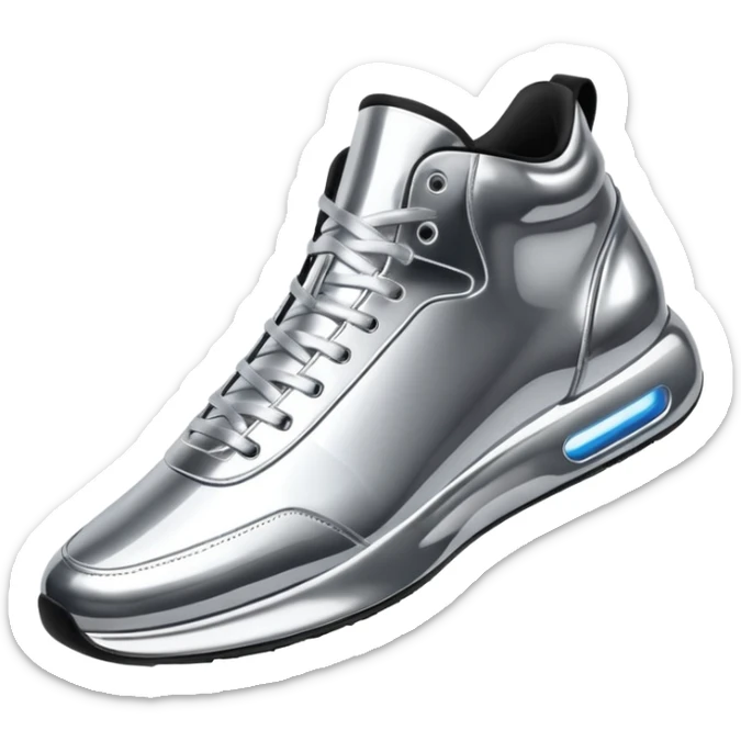 A pair of futuristic sneakers emoji made of silver chrome, sleek streetwear design, smooth metallic panels, subtle reflections, luxury swag aesthetic, iOS emoji style, centered, clean white background sticker