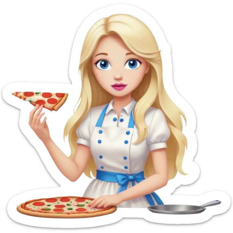 Cinematic realistic beautiful blonde with long hair, blue eyes and pink lips in a white dress cooks pizza sticker