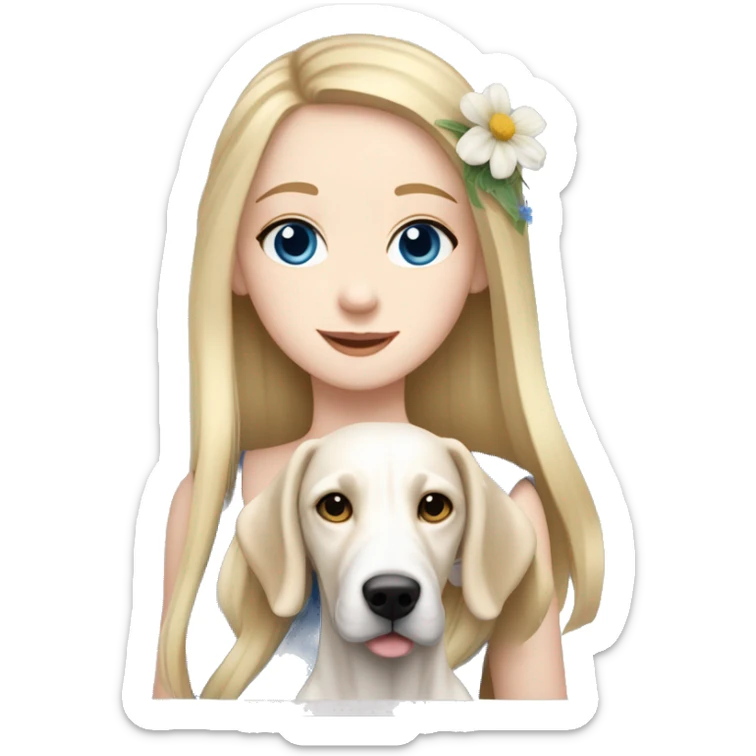 pale skin girl with blue eyes with long blonde hair that has a flower in her hair  holding a English pointer mixed with a lab dog breed the dog also has a flower in its hair sticker