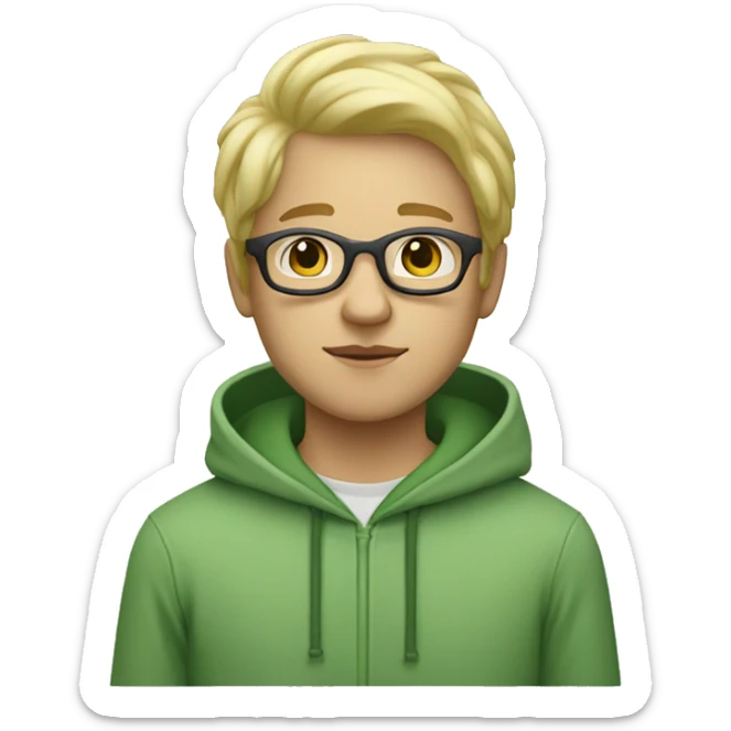 white/tan boy with white glasses and blonde hair and a green sweatshirt with hood up standing straight sticker