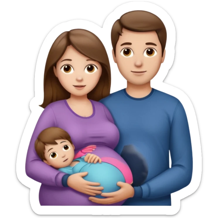 Pregnant woman with long brown hair and fair skin, and man with short brown hair and fair skin, and a small child with light brown hair and fair skin next to the man.

 sticker