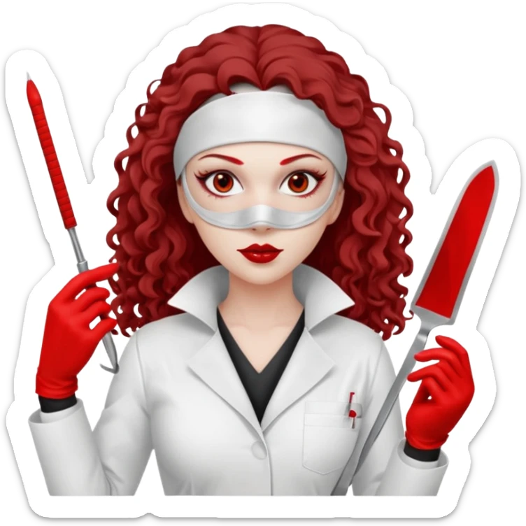


Scary woman scalpel in hand, evil surgeon sexy surgeon clothes.  She has redcolored  eyes. Her  hair only is free ne brown long curly hair. Wears sexy doctor outfit with red gloves. make her wear full ski mask yo mask and nose mask  to hide. Wears white surgeon coat, wears  stilettos sticker