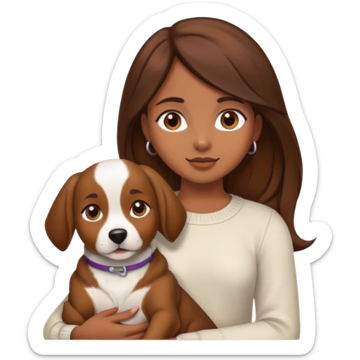 a brown hair girl holding a dog sticker