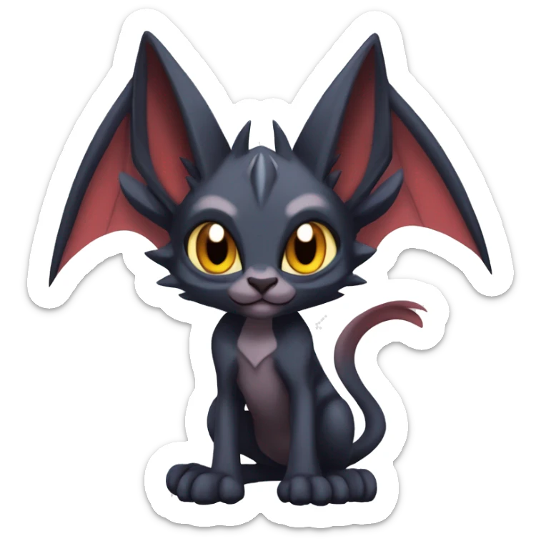 Black cool vampiric Noivern-Litten-Sphynx-Lykoi-Caracal-Fakemon with big bat ears full-body sticker