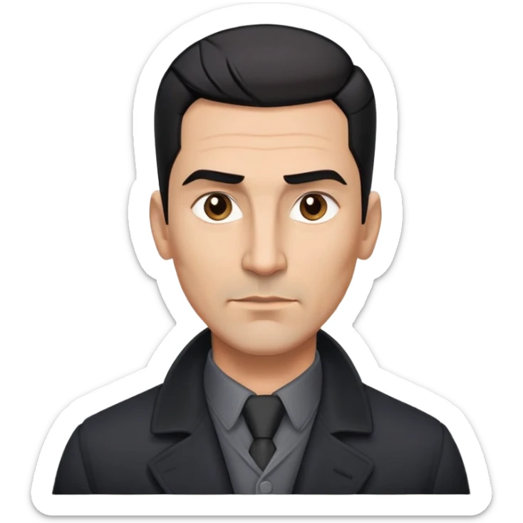 Athletic Hispanic man in his 40s-50s with light brown skin, short straight black hair slicked back with fade on sides, square face with strong jawline, thick eyebrows, wide nose, wearing black overcoat with gray buttoned shirt underneath sticker