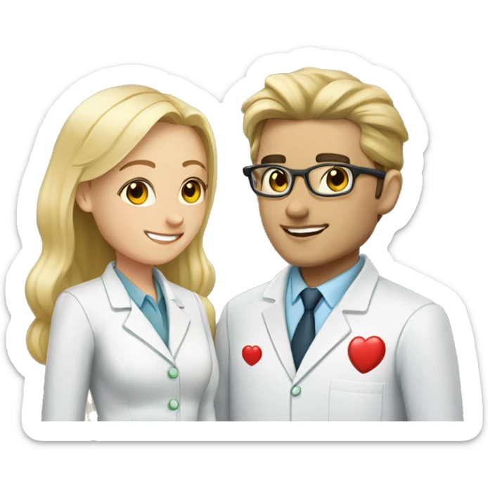 blonde female pharmacist and male chemist with dark hair in love sticker