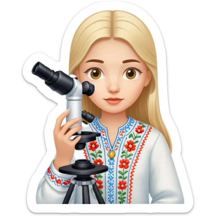 Ukrainian girl in traditional embroidered vyshyvanka shirt holding a microscope sticker