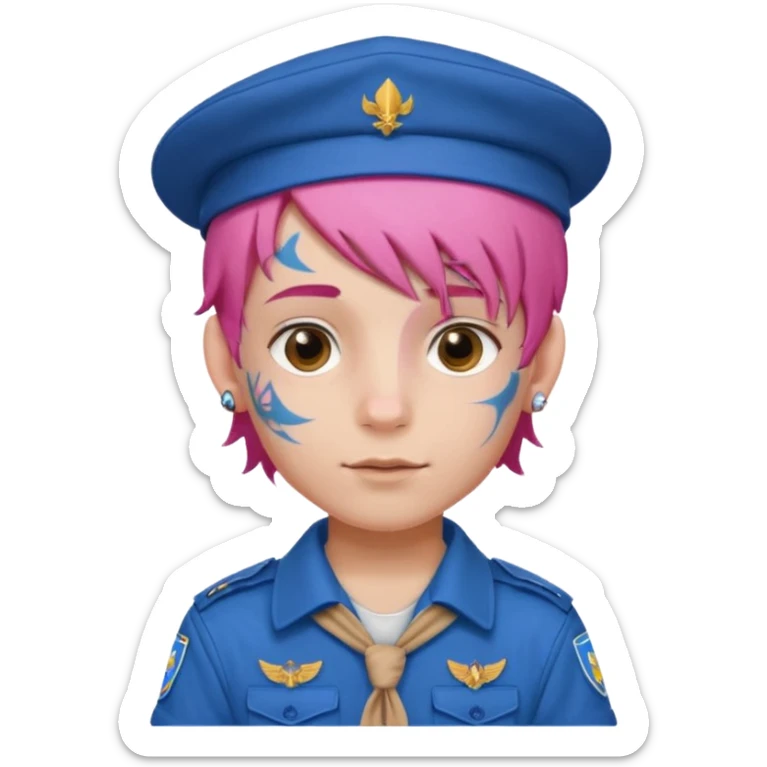 scout boy long hair face tatooes pink haired, wearing blue uniform with hat sticker