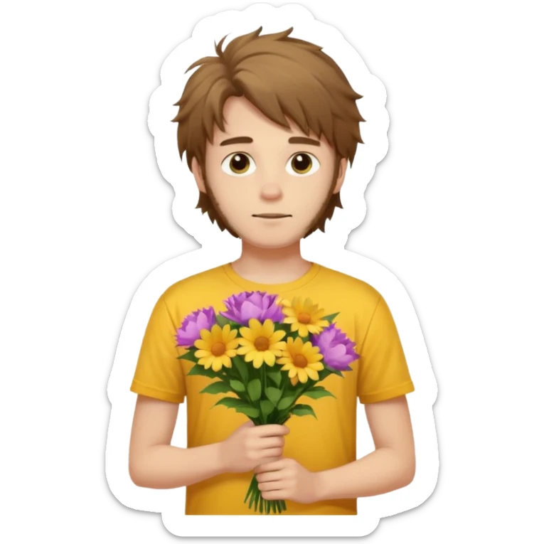 generate an ios genmoji of a 20 year old fair boy with brown long and messy hair with light beard on cheeks. carrying a flower bouquet, wearing a yellow tshirt, looking shy.  sticker