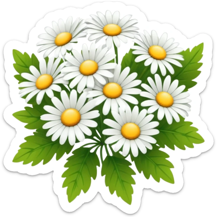 bouquet of daisies with white petals, yellow centers, and shiny green leaves, soft lighting, no background sticker
