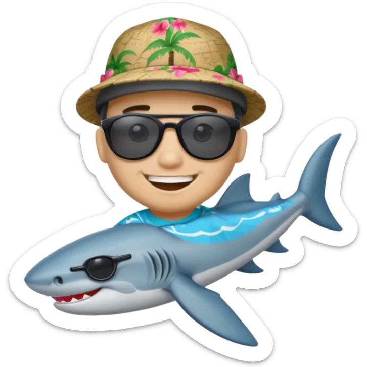 Tiburón playero con camisa hawaiana, lentes negros, y una gorra al revés sticker