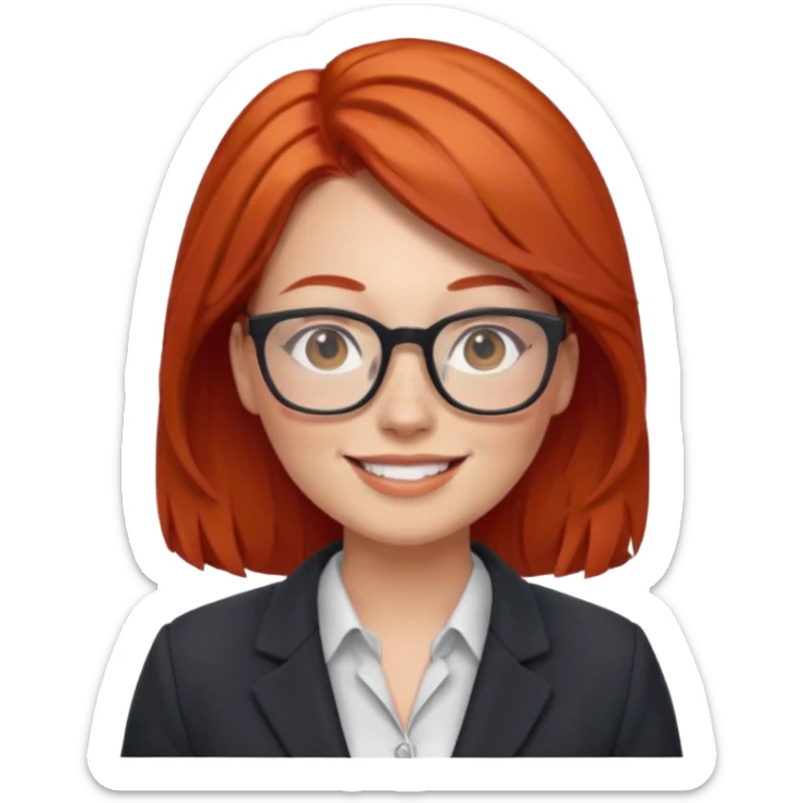 female teacher with red hair, glasses, freckles, plump, smiling sticker