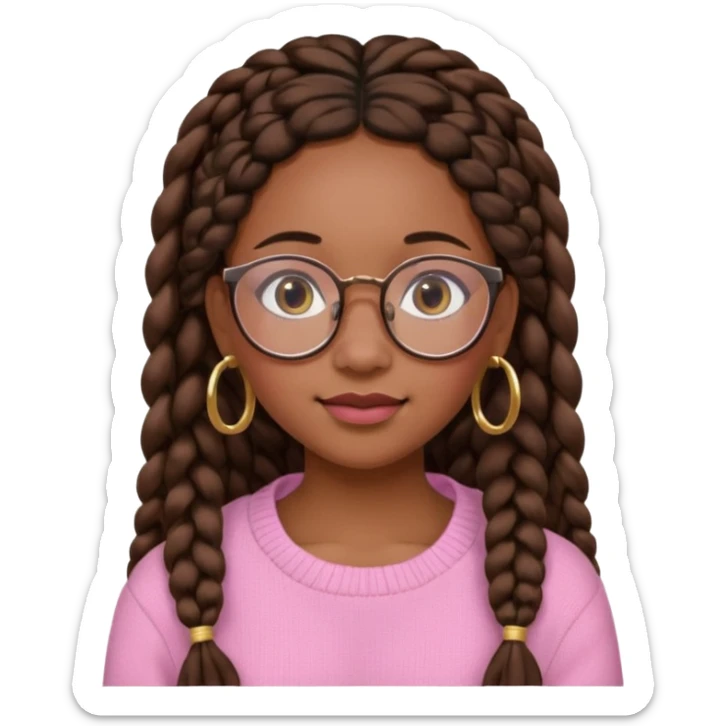 cute  black adult girl with glasses and braids that are long which are brown, and some blush on her cheeks , in a pink sweater and some gold hoop earings . sticker