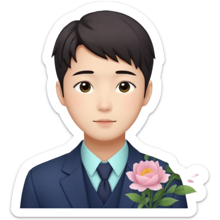Gorgeous romantic anime style Asian formal modern shojo guy with flowers and blushing face aesthetic trending style cottagecore pastelcore outside  sticker