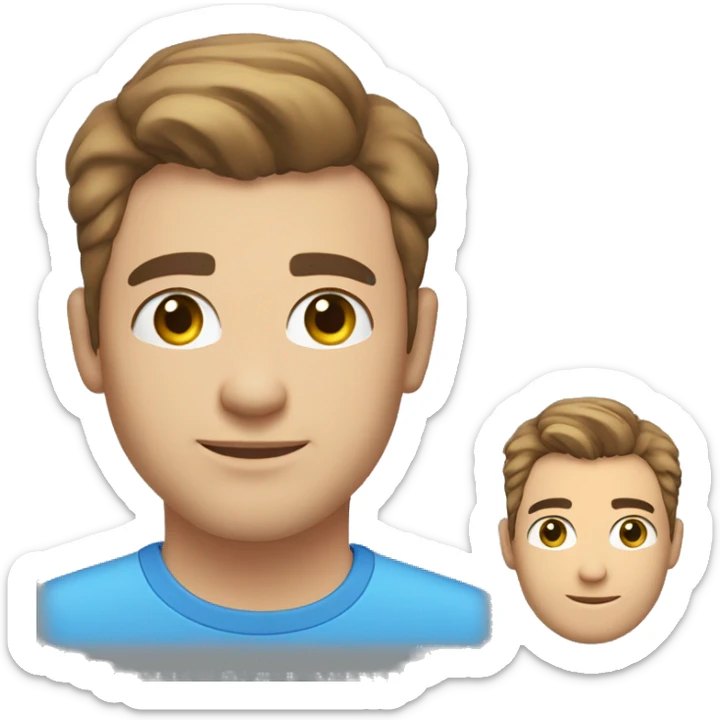 A head and shoulders shot of a 23 year old caucasian man, with short brown hair, with stubble facial hair,   with blue eyes wearing a t-shirt. sticker