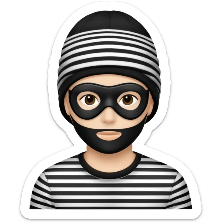 Un ladrón con antifaz negro camisa de rayas blanca con negra conjunto gorro negro sticker