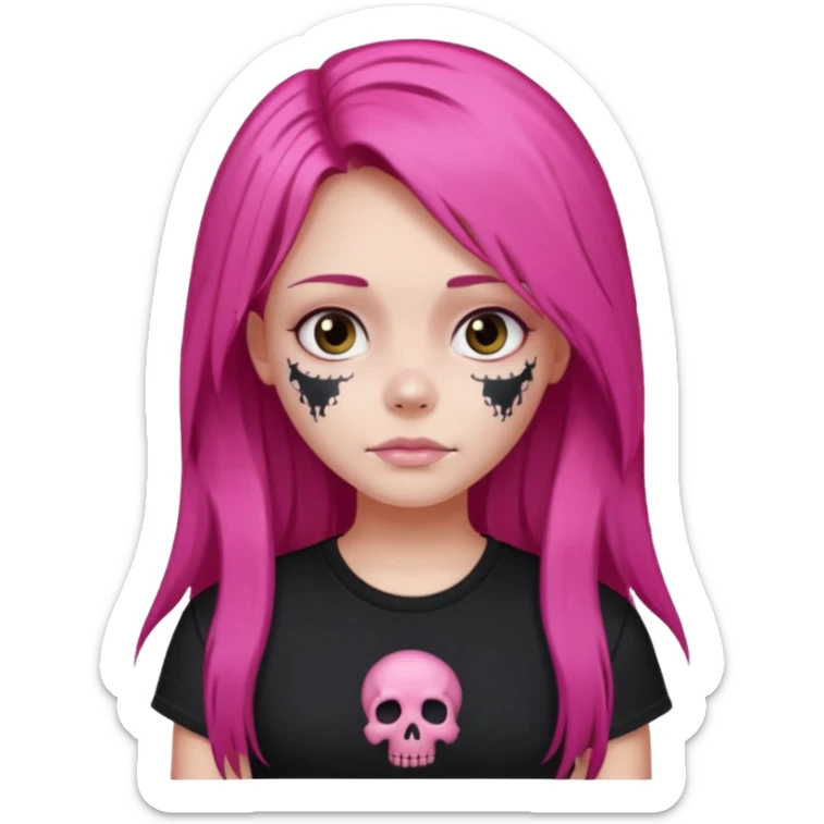 Girl with dark pink long hair wearing a black tshirt  with pink skull print sticker