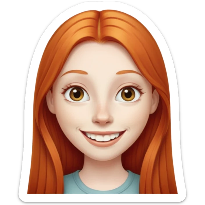 traditional emoji of young girl with very pale skin, long straight bright ginger red hair, elongated almond-shaped eyes, long nose, big smile with large prominent teeth showing, classic round face sticker