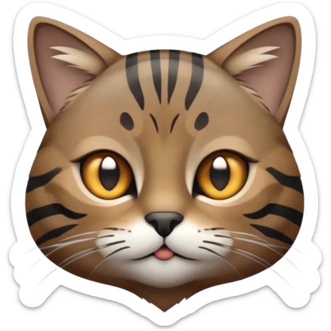 cinematic-noble-grey-and-black-brown-tabby-cat-portrait-emoji,-head-tilted-slightly-with-a-dramatic,-sleek-grey-brown-fur-with-dark-black-tabby-stripes,-sparkling-amber-eyes-barely-open,-simplified-yet-irresistibl sticker
