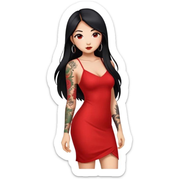 Beautiful Asian girl with long black hair and body tattoos wearing a red dress sticker